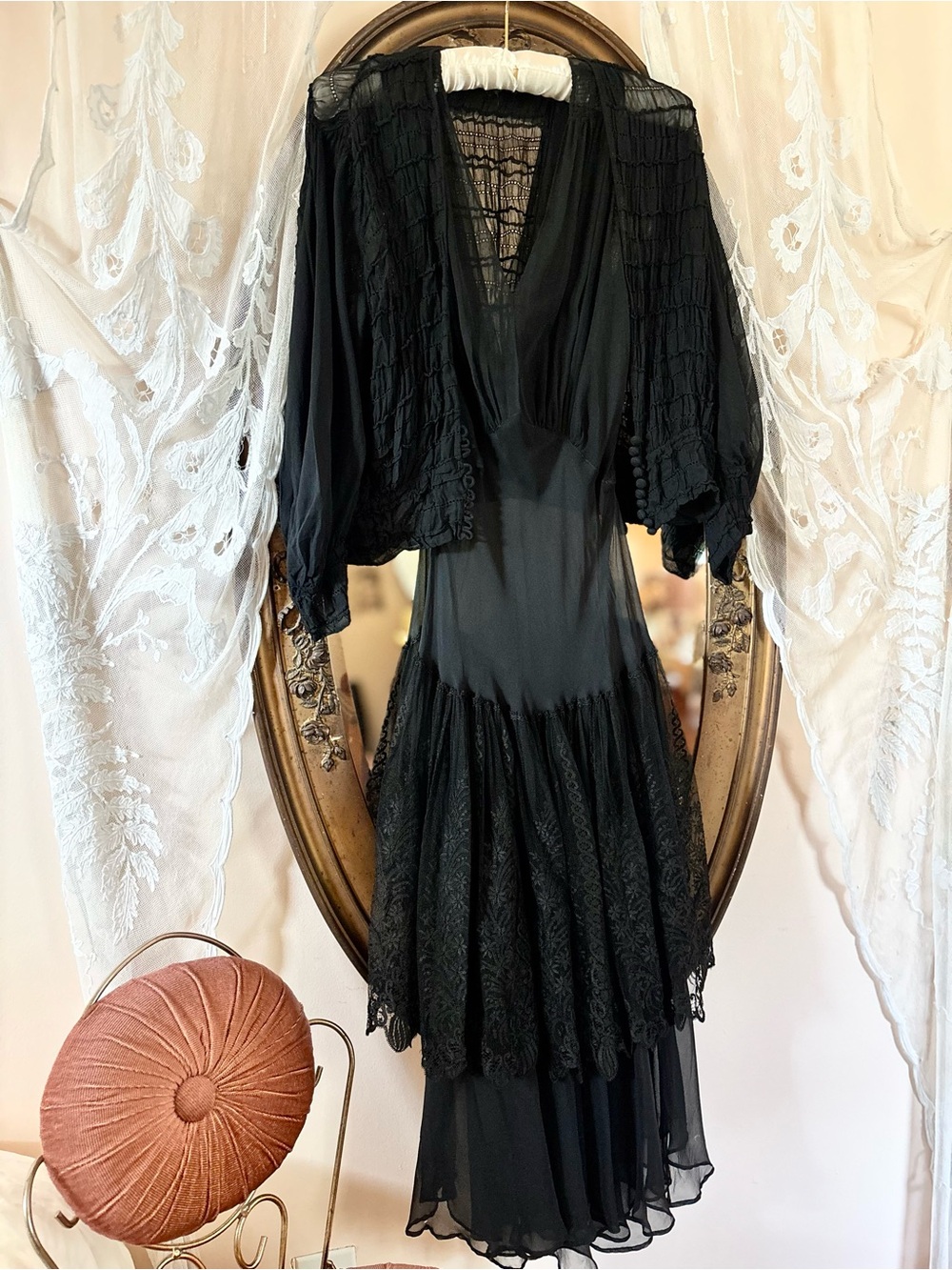 1930s Rare Vintage Black Sheer Silk Lace Dress Bolero Set - Picture 3 of 16